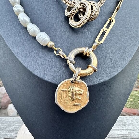 Gold Tone Layered Necklace Set Roman Coin Pearl Heart Jewelry Bundle Stackable - Picture 2 of 6